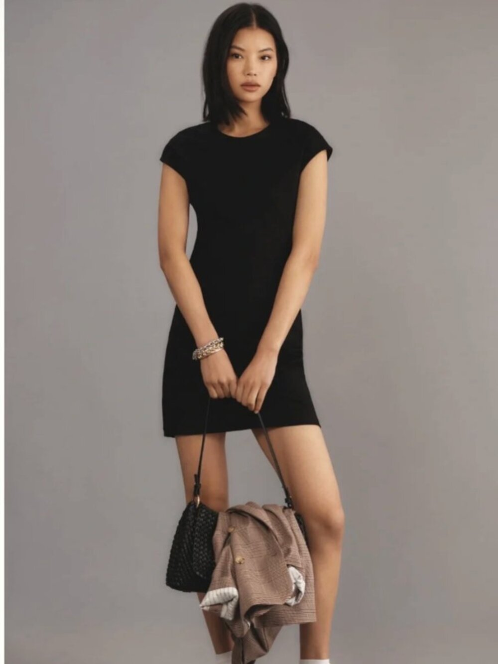 NWT Maeve Anthropologie Cap-Sleeve Slim Mini Dress in Black S quiet luxury